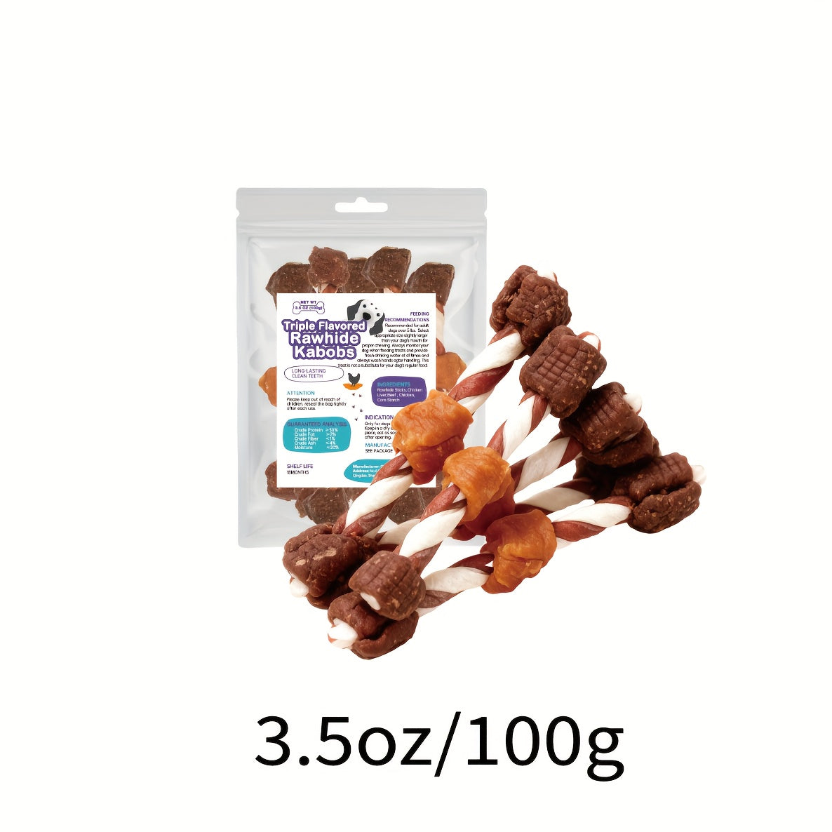 Triple-Flavor Beef Hide Dog Kabob Treats - 3.5oz/100g