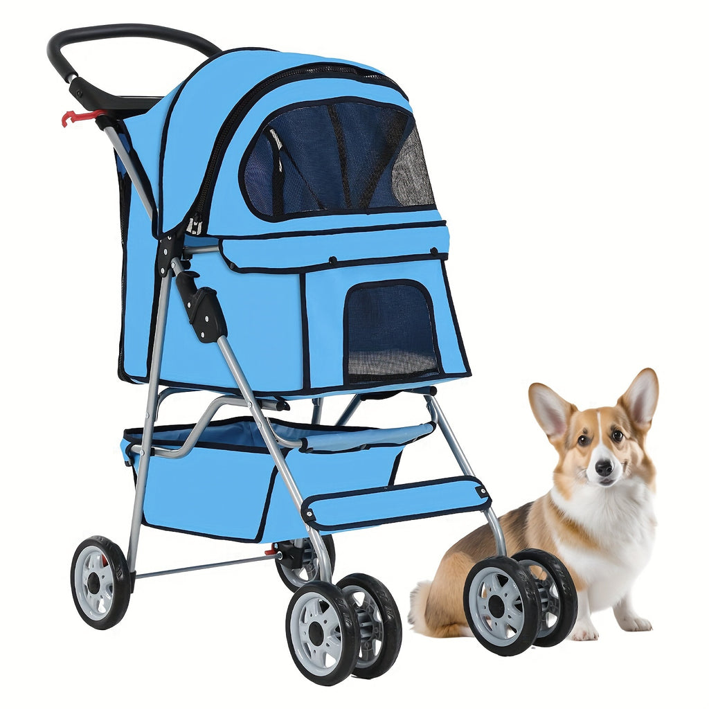 Foldable 4-Wheel Pet Stroller with Storage - Red