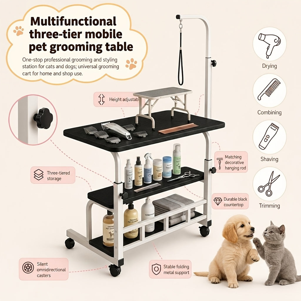 Pet Grooming Station and Tool Organizer - #Wood#Grain#Black#, Top-level operation - [Salon-level pet styling operation platfo