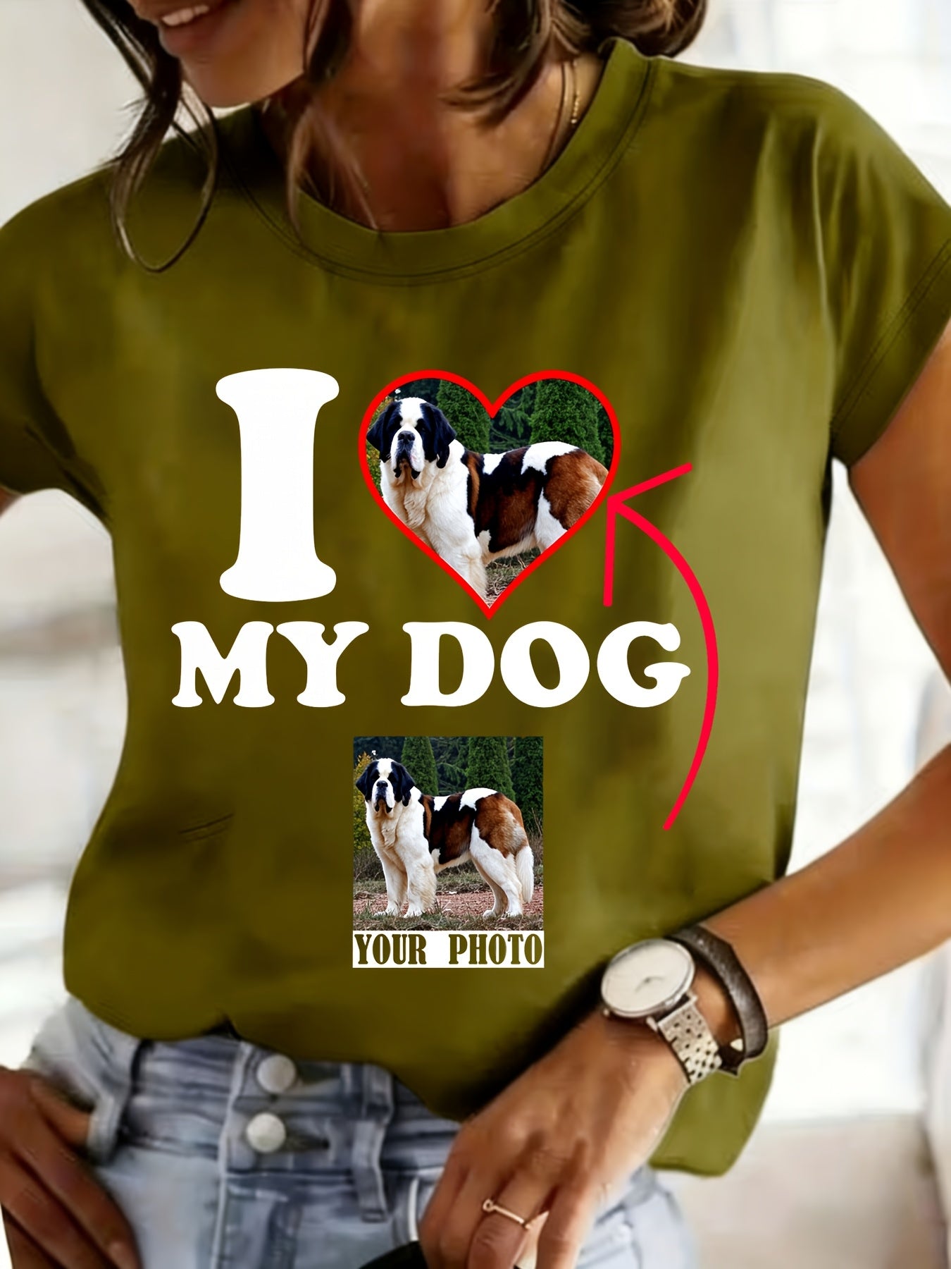 Women's Colorful Personalized Pet Photo T-Shirt - Olive Green, M