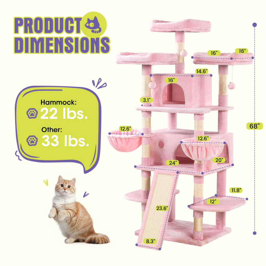 36-81 in Multi-Level Cat Tree Tower - pink, 24''L X 24"W X 65"H