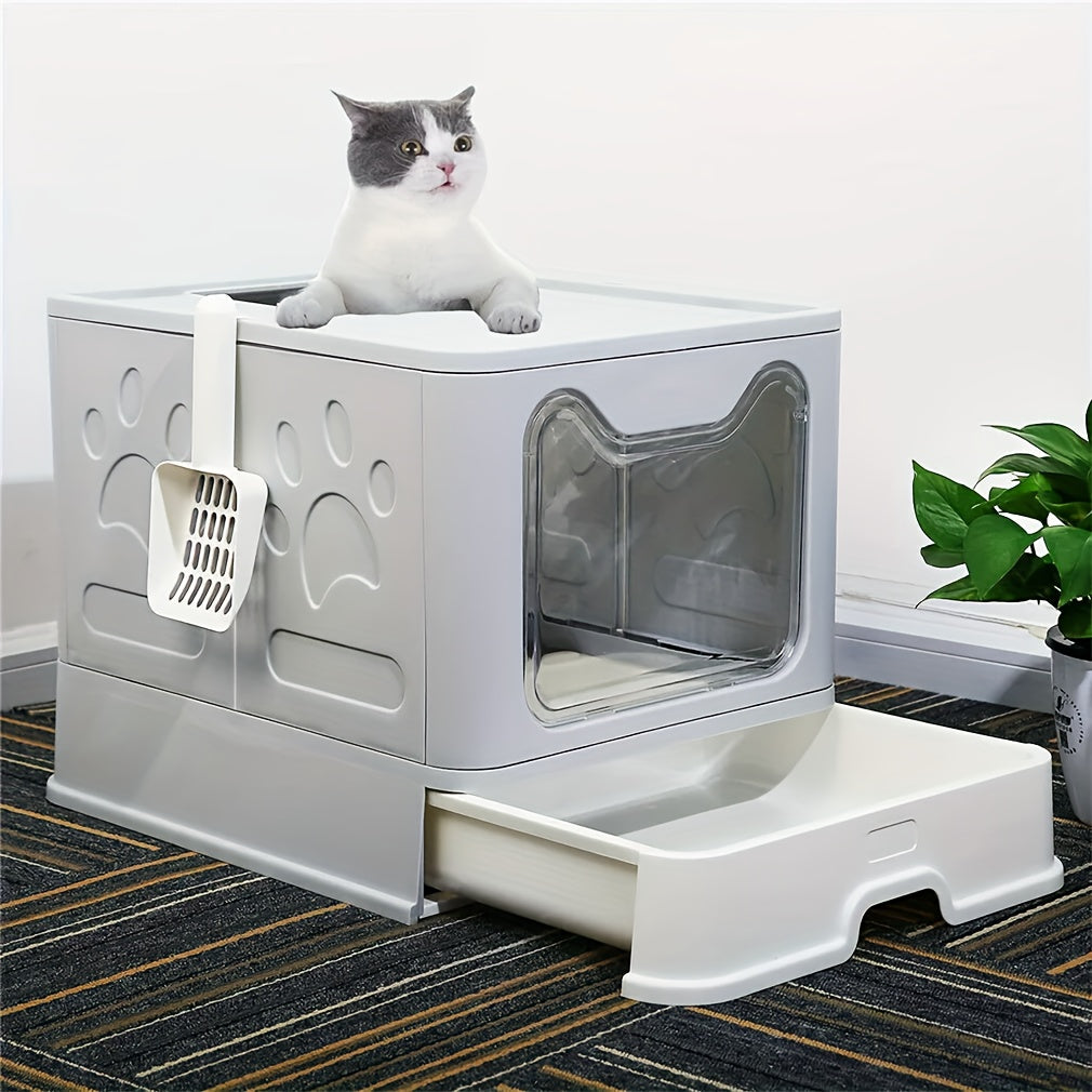Foldable Cat Litter Box with Tray and Scoop - Grey