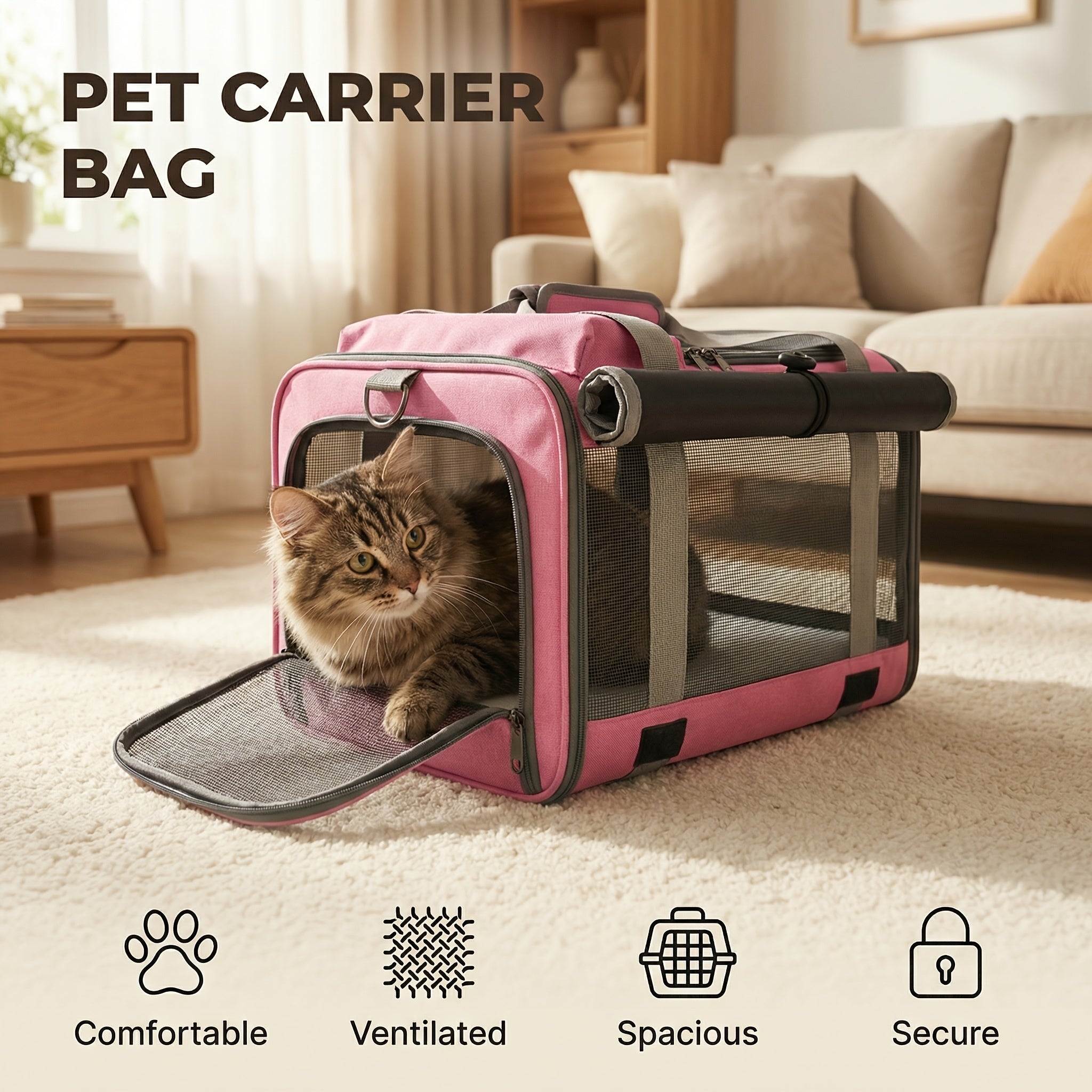 Foldable Soft-Sided Pet Travel Carrier - 1 pink bag +1 collar +1 leash