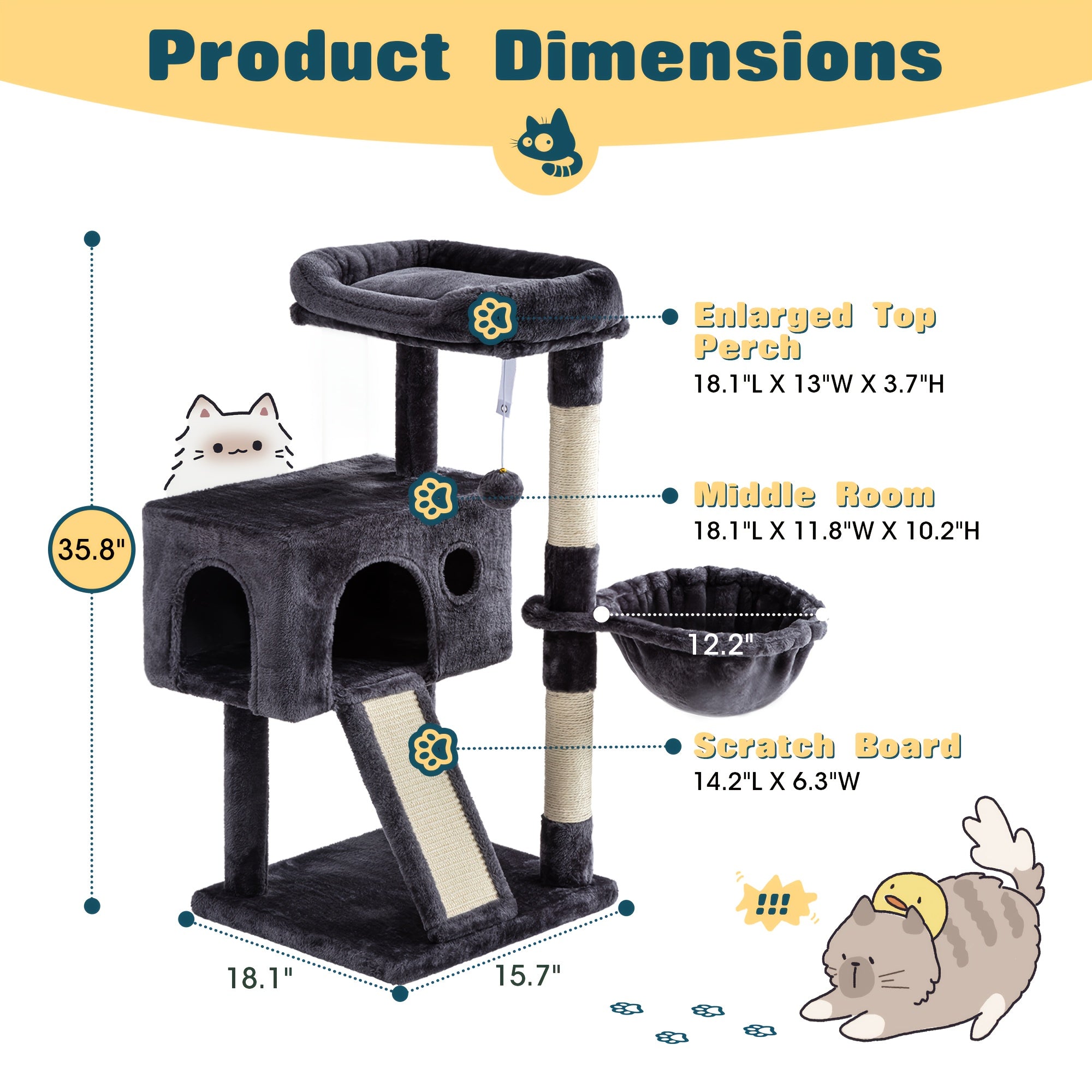 36-81 in Multi-Level Cat Tree Tower - Dark Gray, 18''L X 16" W X36 "H