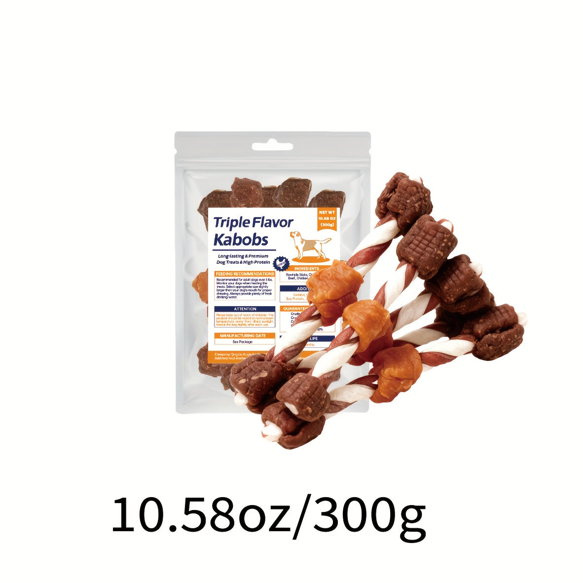 Triple-Flavor Beef Hide Dog Kabob Treats - 10.58oz/300g