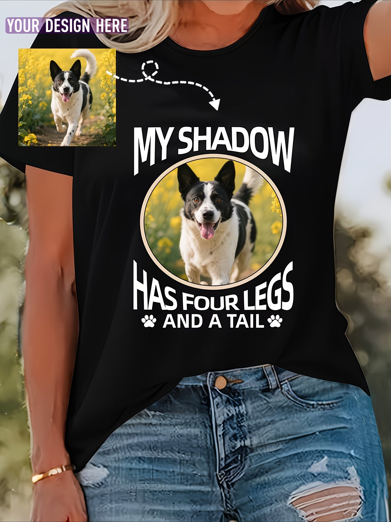 Women's Custom Pet Photo Crew-Neck T-Shirt - Black, L