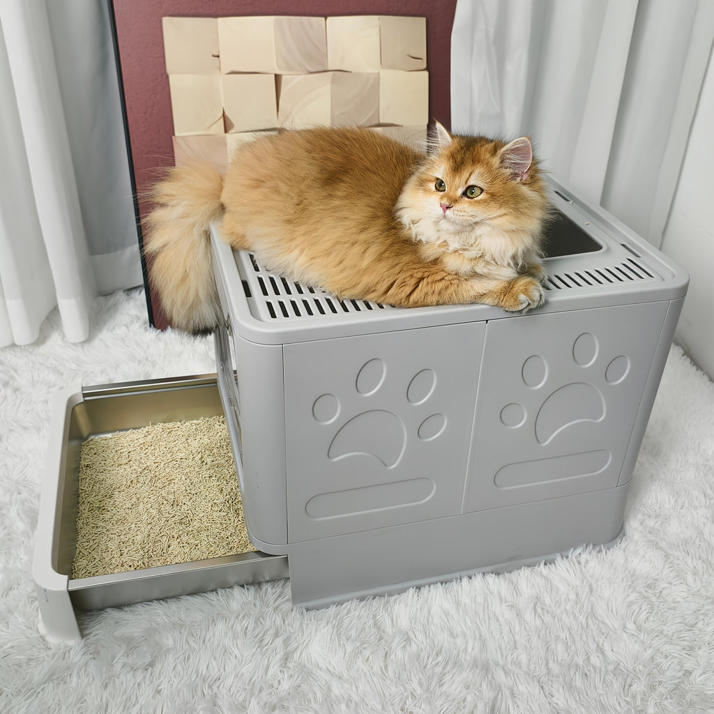 Foldable Cat Litter Box with Tray and Scoop - Dark Gray