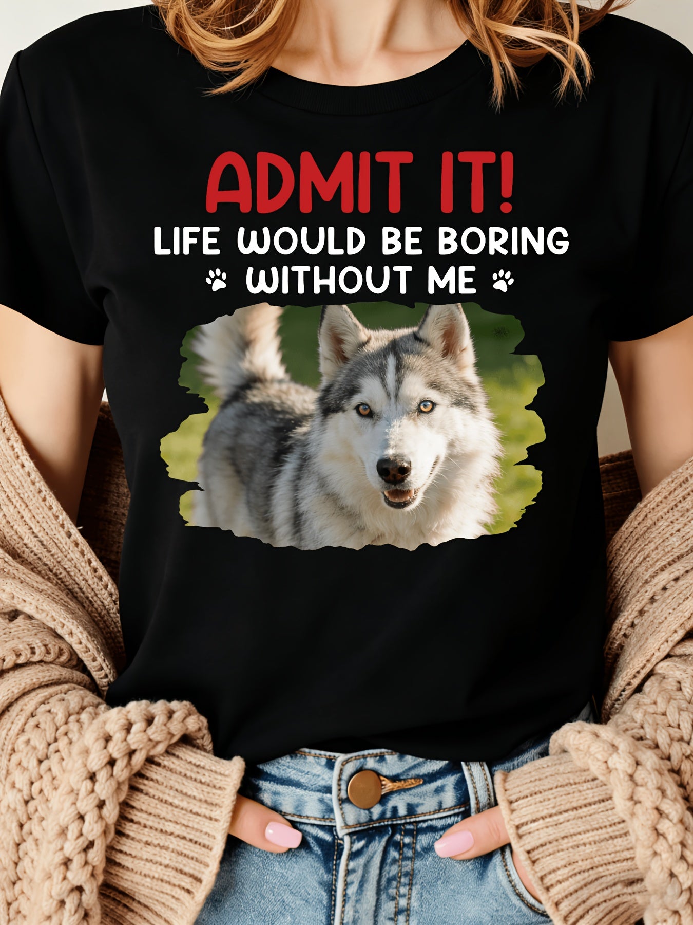 Personalized Round-Neck Pet Photo T-Shirt - Olive Green, M