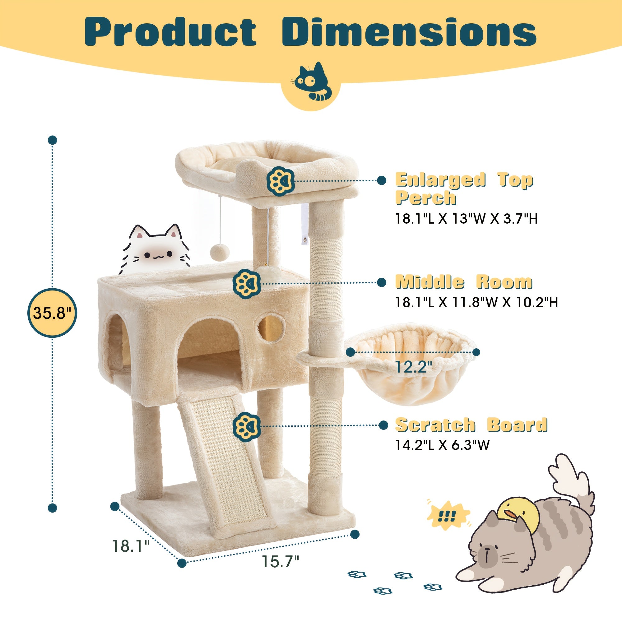 36-81 in Multi-Level Cat Tree Tower - Beige, 18''L X 16" W X36 "H