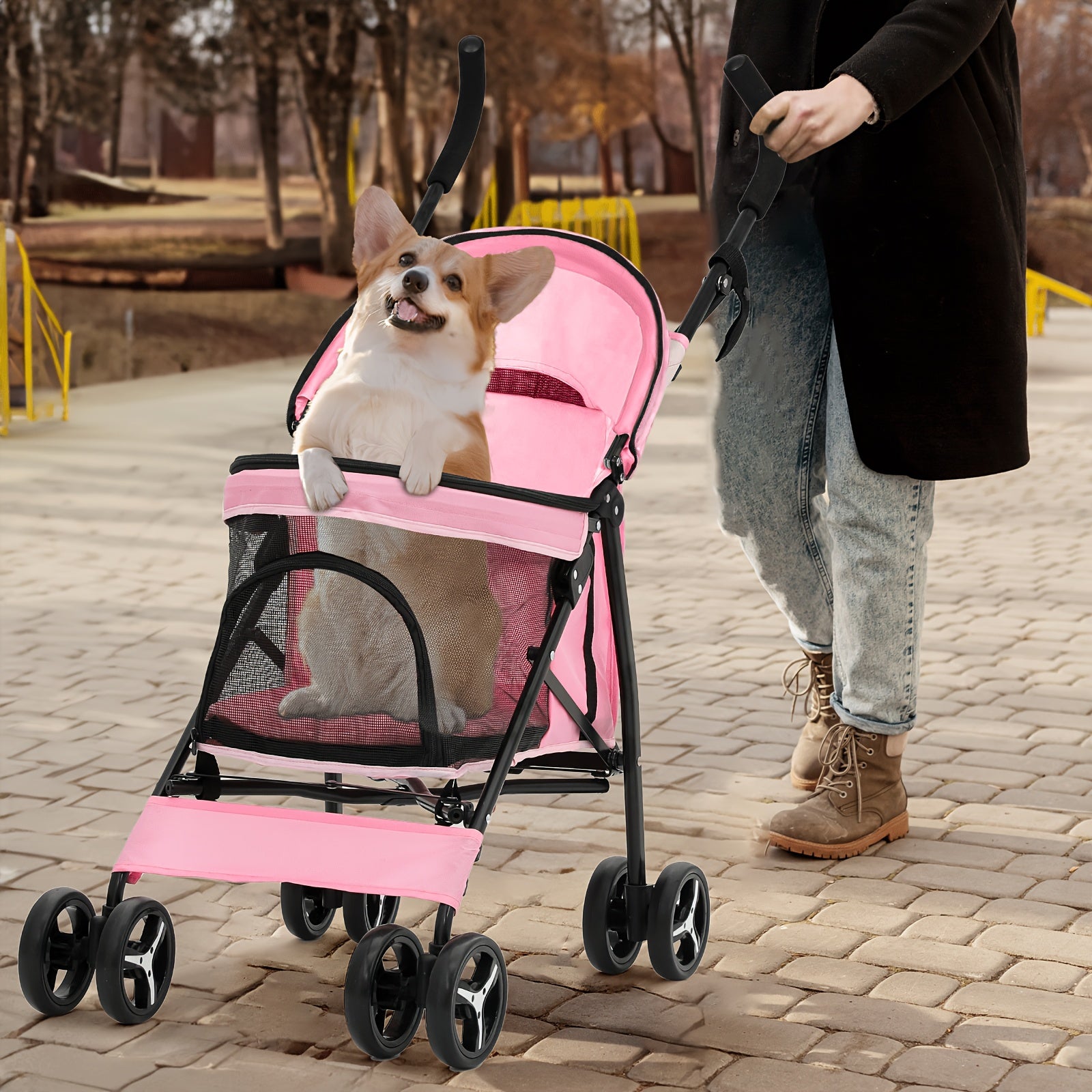 Foldable Pet Stroller for Pets up to 22 lb - Black with White Polka Dots