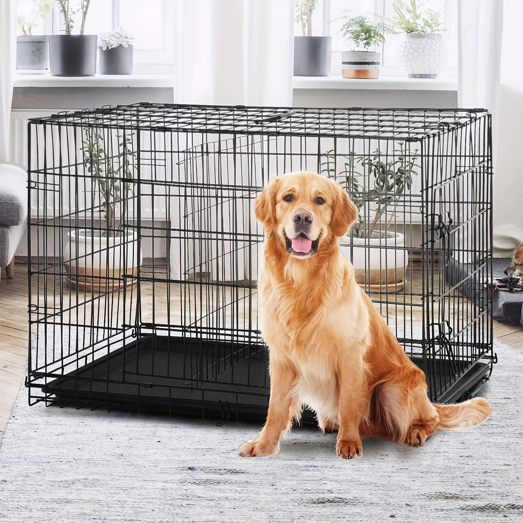 42/48 in Folding Double-Door Dog Crate - Black, 48.0"L x 29.0"W x 31.0"H