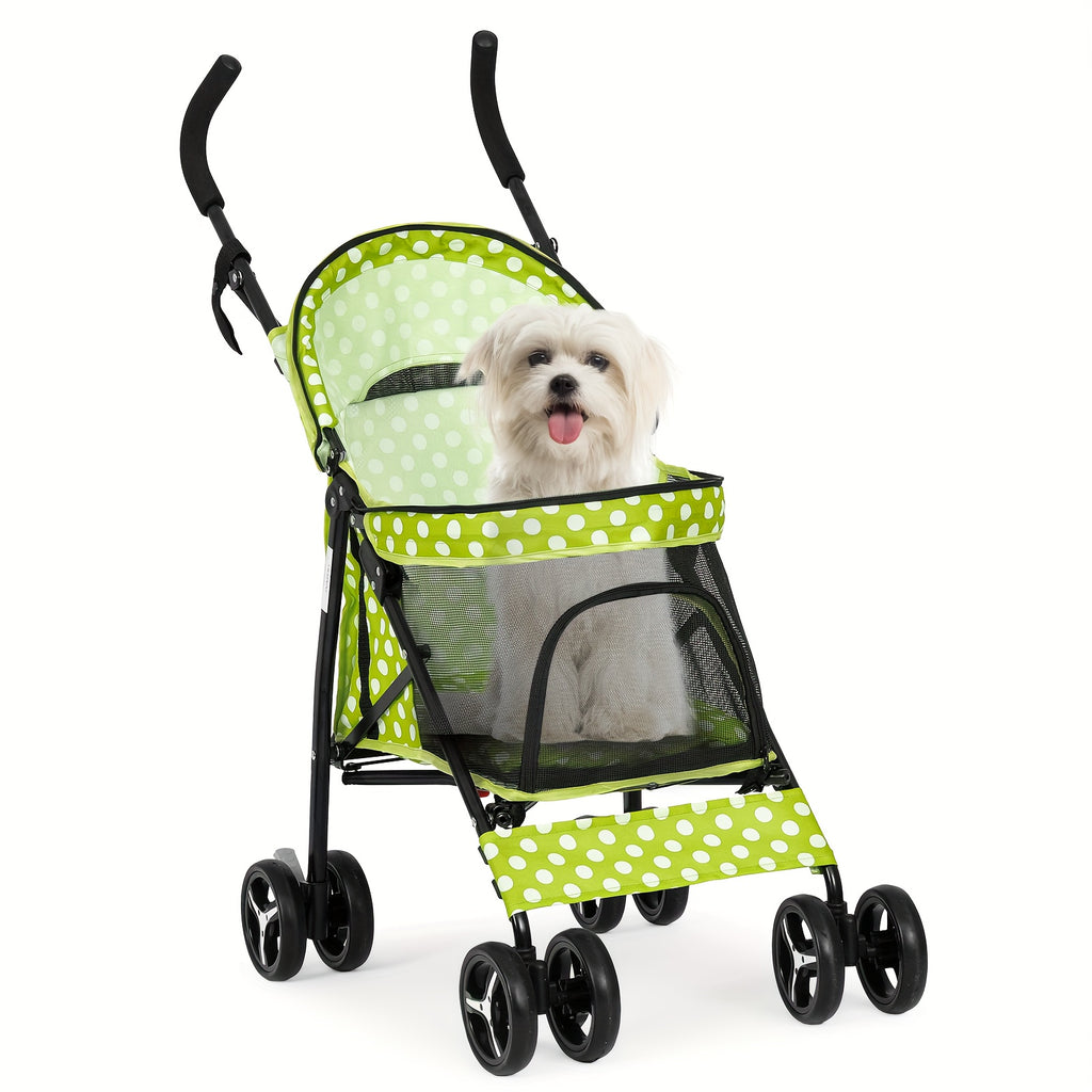Foldable Pet Stroller for Pets up to 22 lb - Hot Pink with White Polka Dots