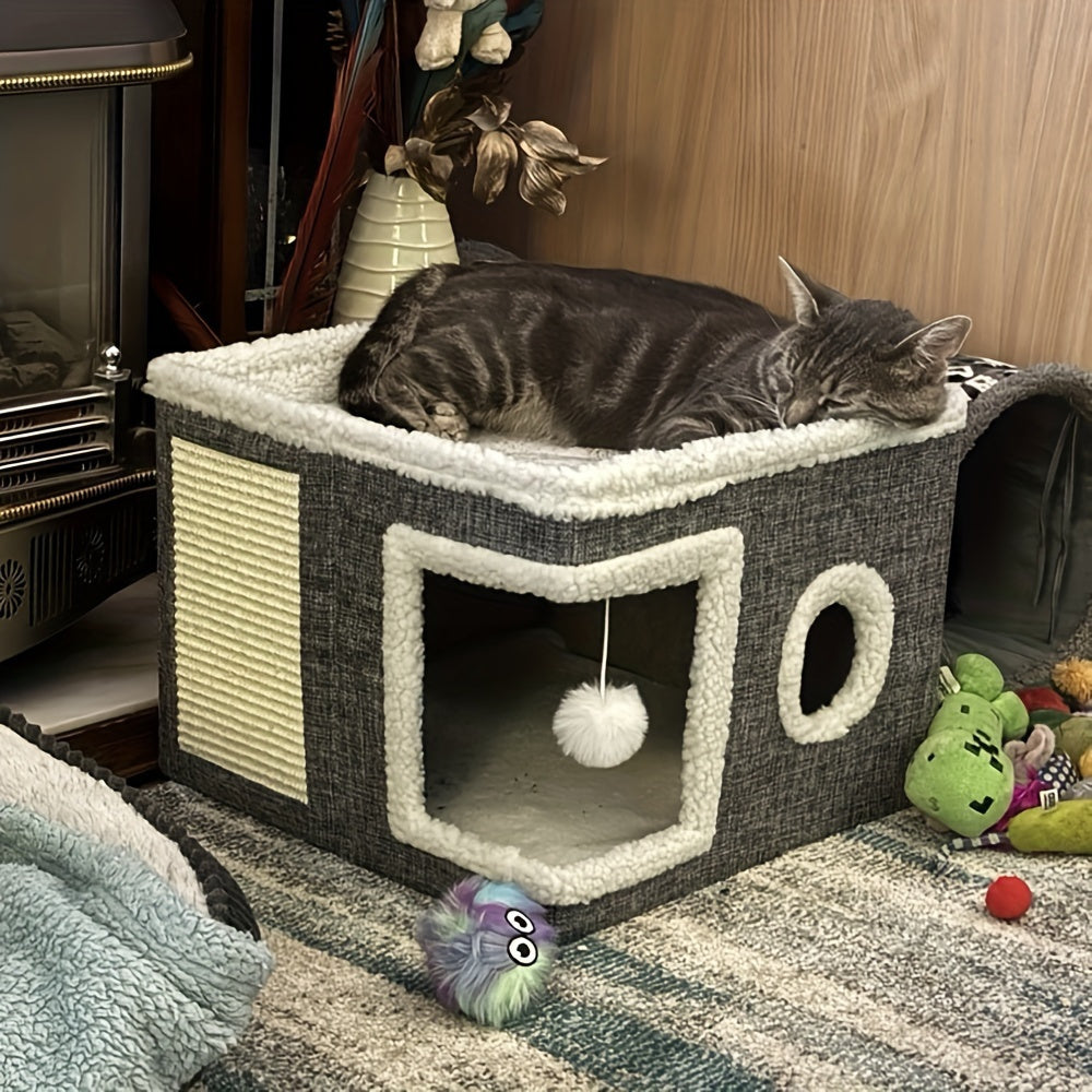 Foldable Multi-Level Cat House with Tunnel