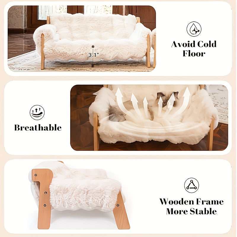 Elevated Wooden Pet Sofa Bed - White Fleece-Lined Replaceable