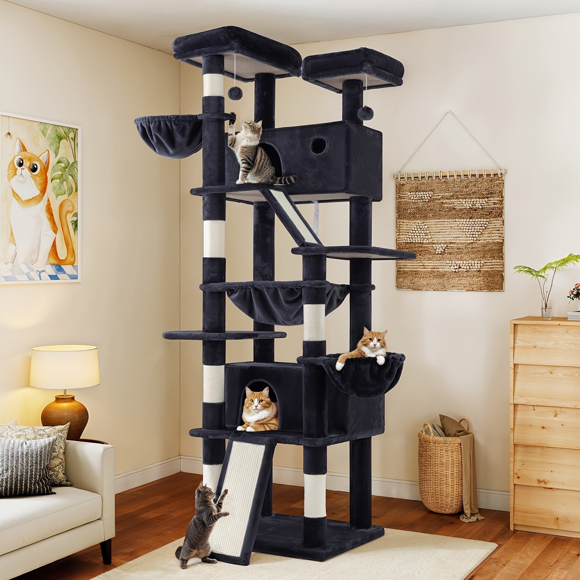 36-81 in Multi-Level Cat Tree Tower - Beige, 24''L x 24"W x 65"H-R
