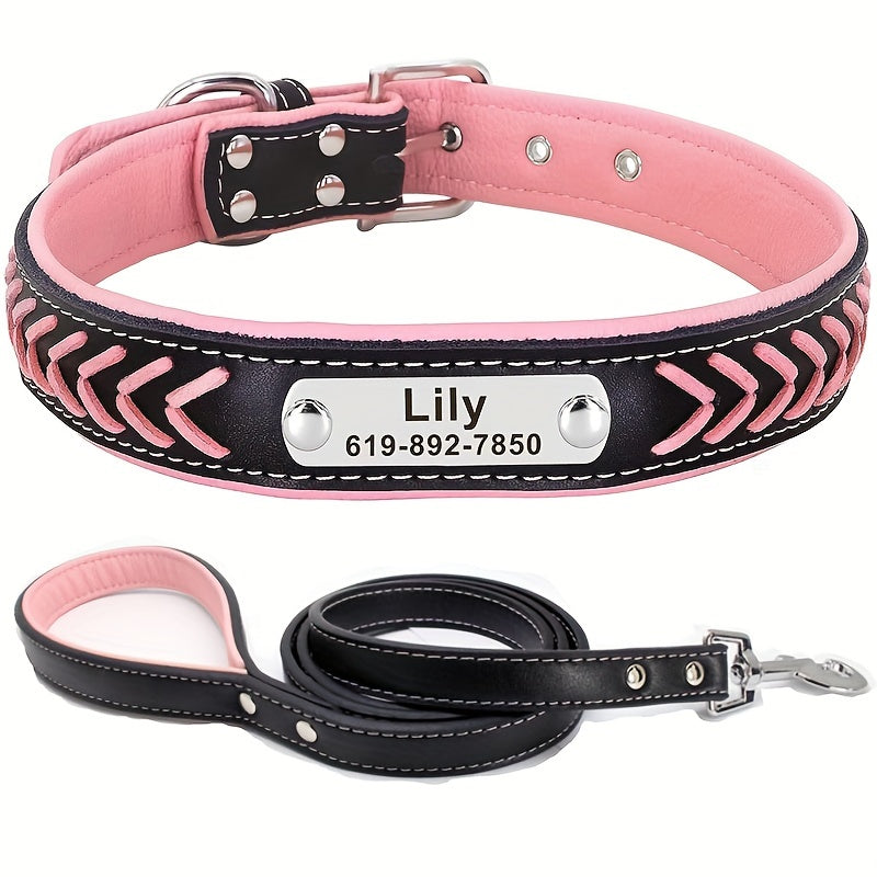 Personalized Reflective Dog Collar and Leash Set - Pink, L