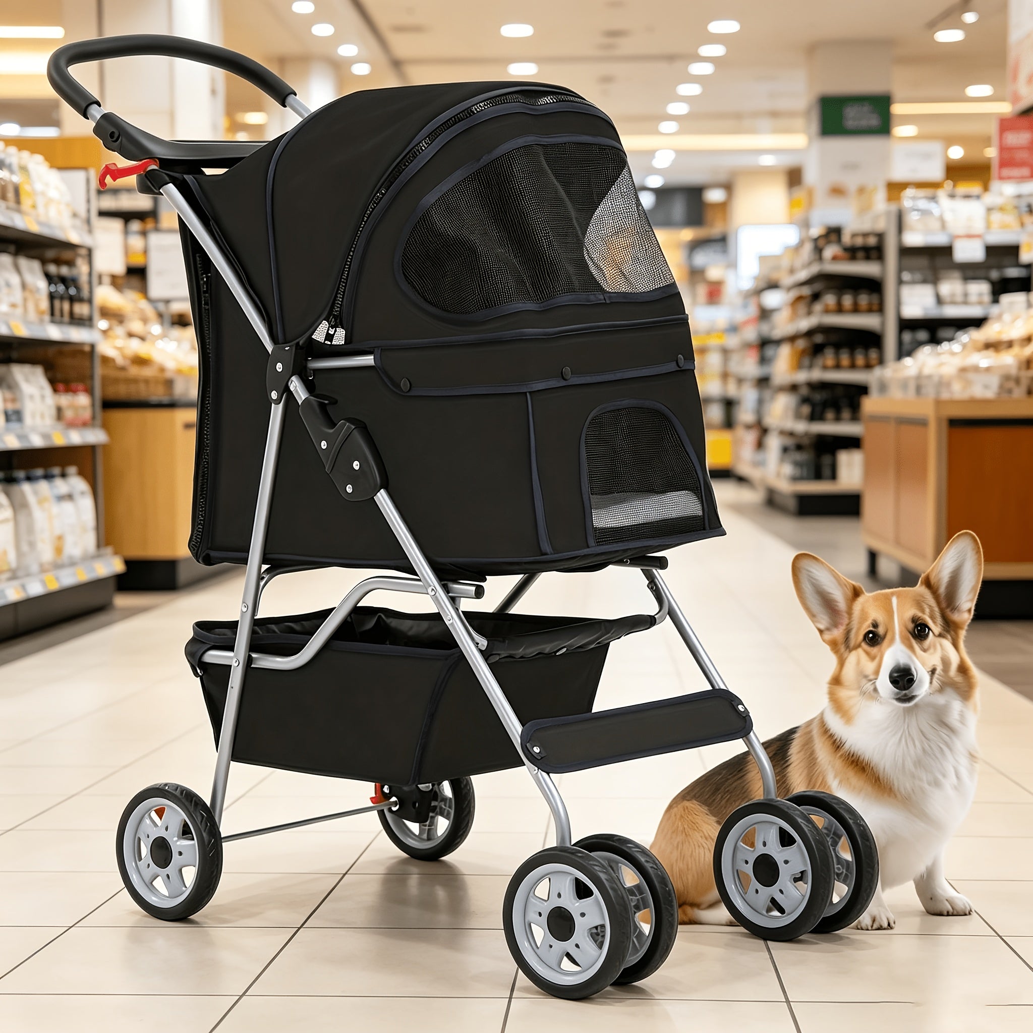 Foldable 4-Wheel Pet Stroller with Storage - Black
