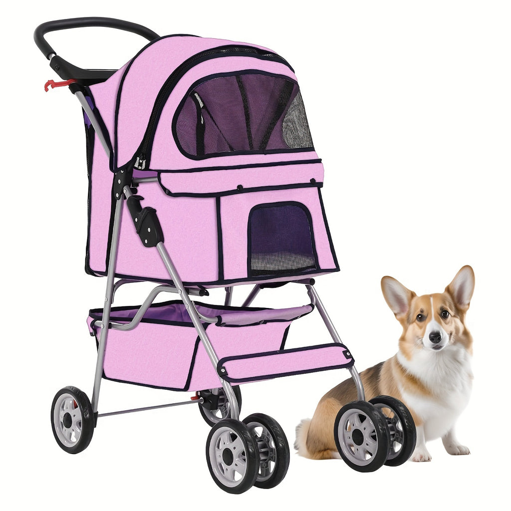 Foldable 4-Wheel Pet Stroller with Storage