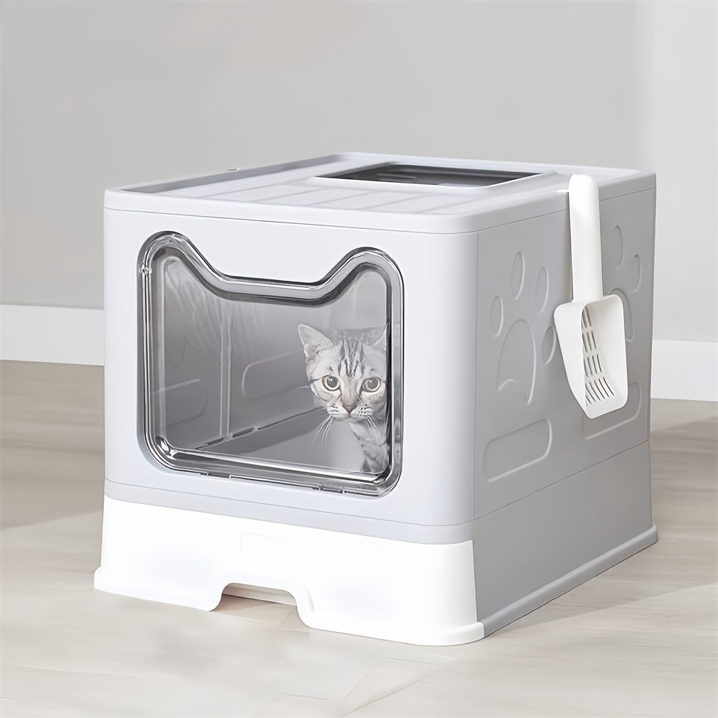 Foldable Cat Litter Box with Tray and Scoop - Grey-stainless Steel