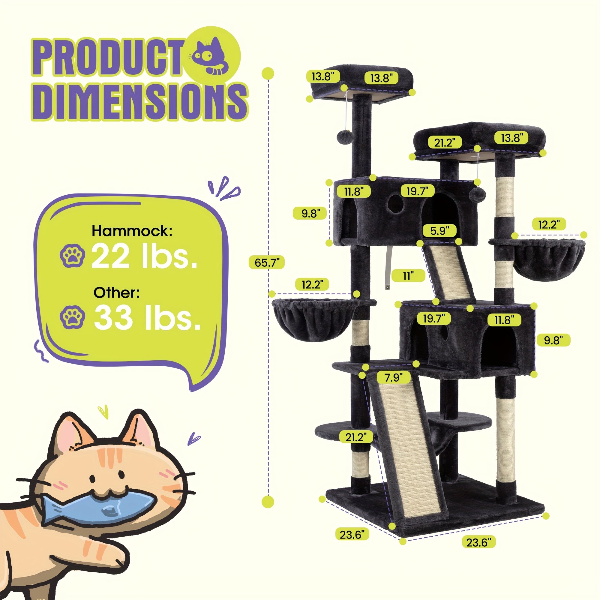 36-81 in Multi-Level Cat Tree Tower - Dark Gray, 24''L X 20''W X 68''H-R