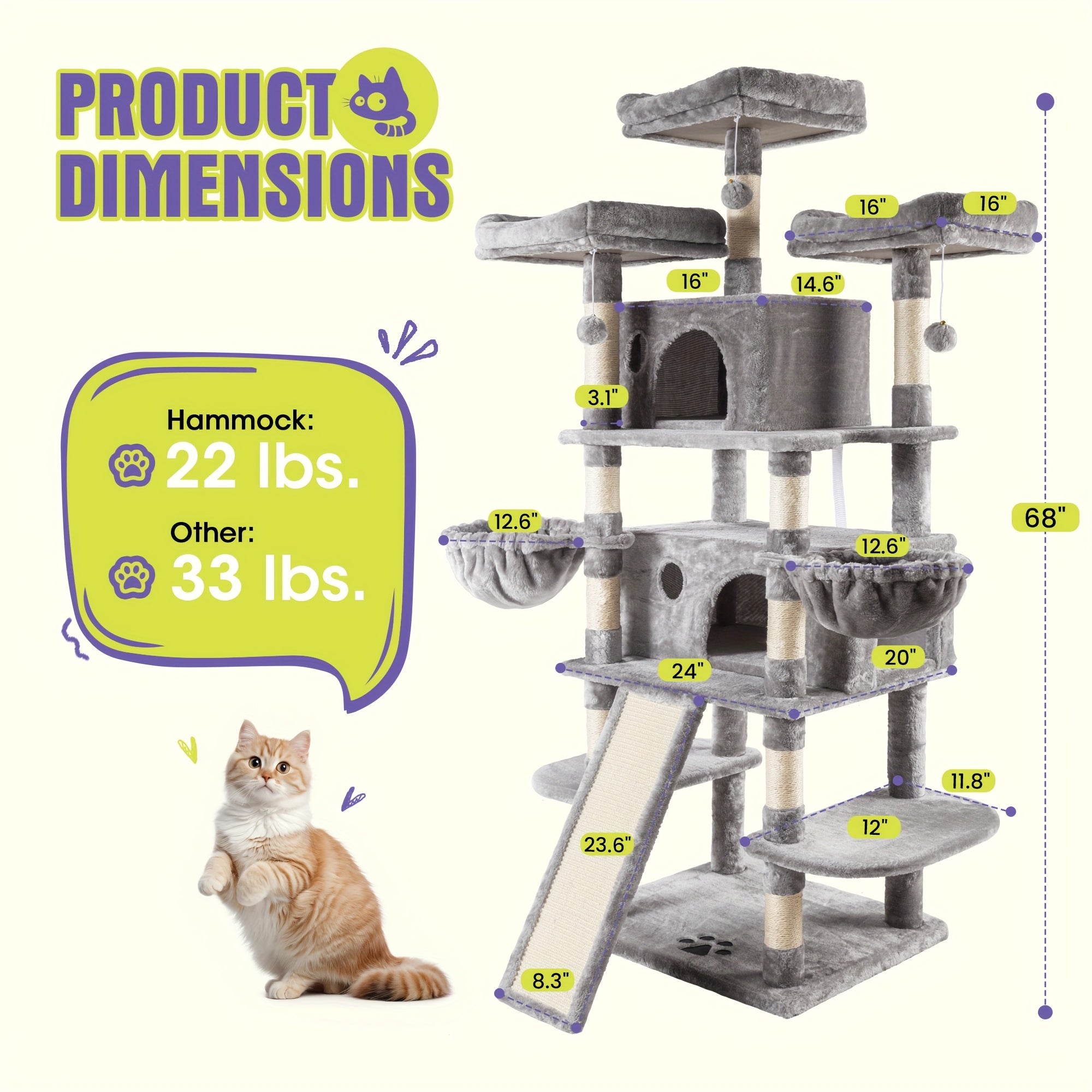 36-81 in Multi-Level Cat Tree Tower - Grey, 18''L X 16" W X36 "H