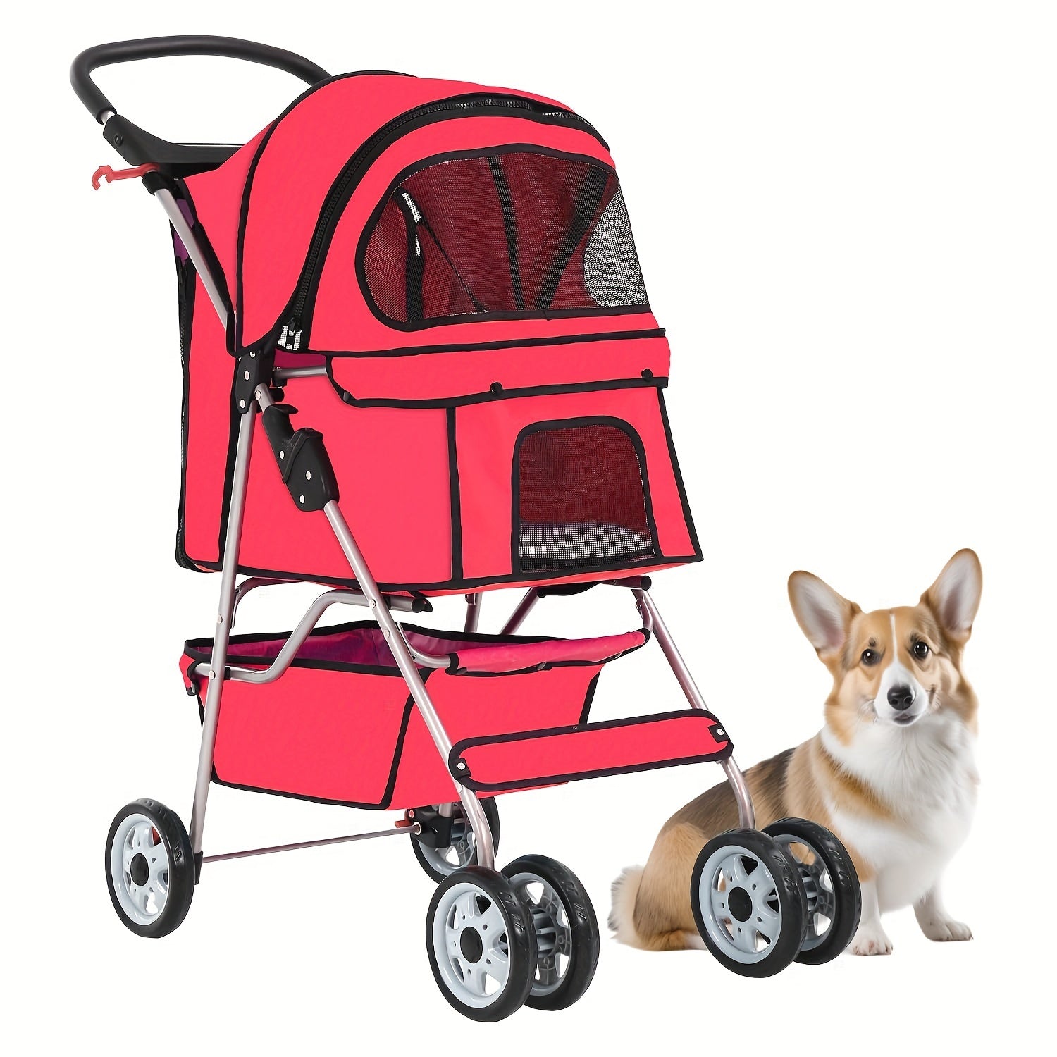 Foldable 4-Wheel Pet Stroller with Storage