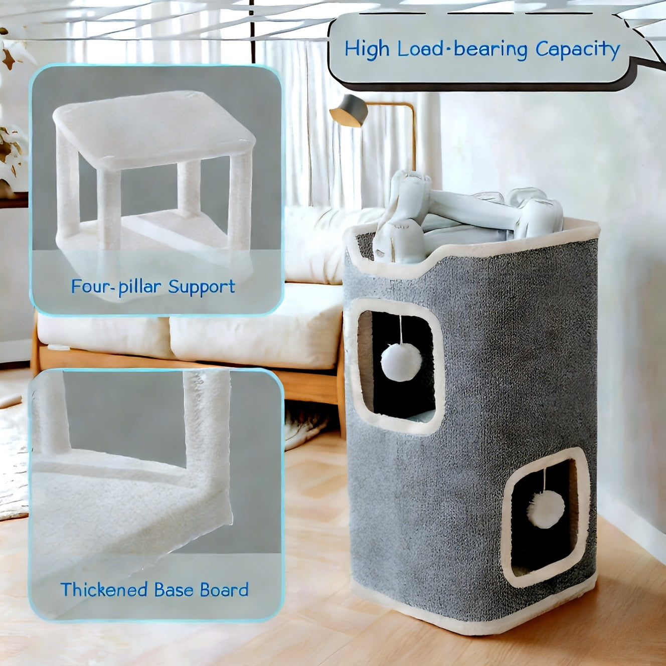 Foldable Multi-Level Cat Tree with Hideaway Bed - 1 layer light gray + bell ball