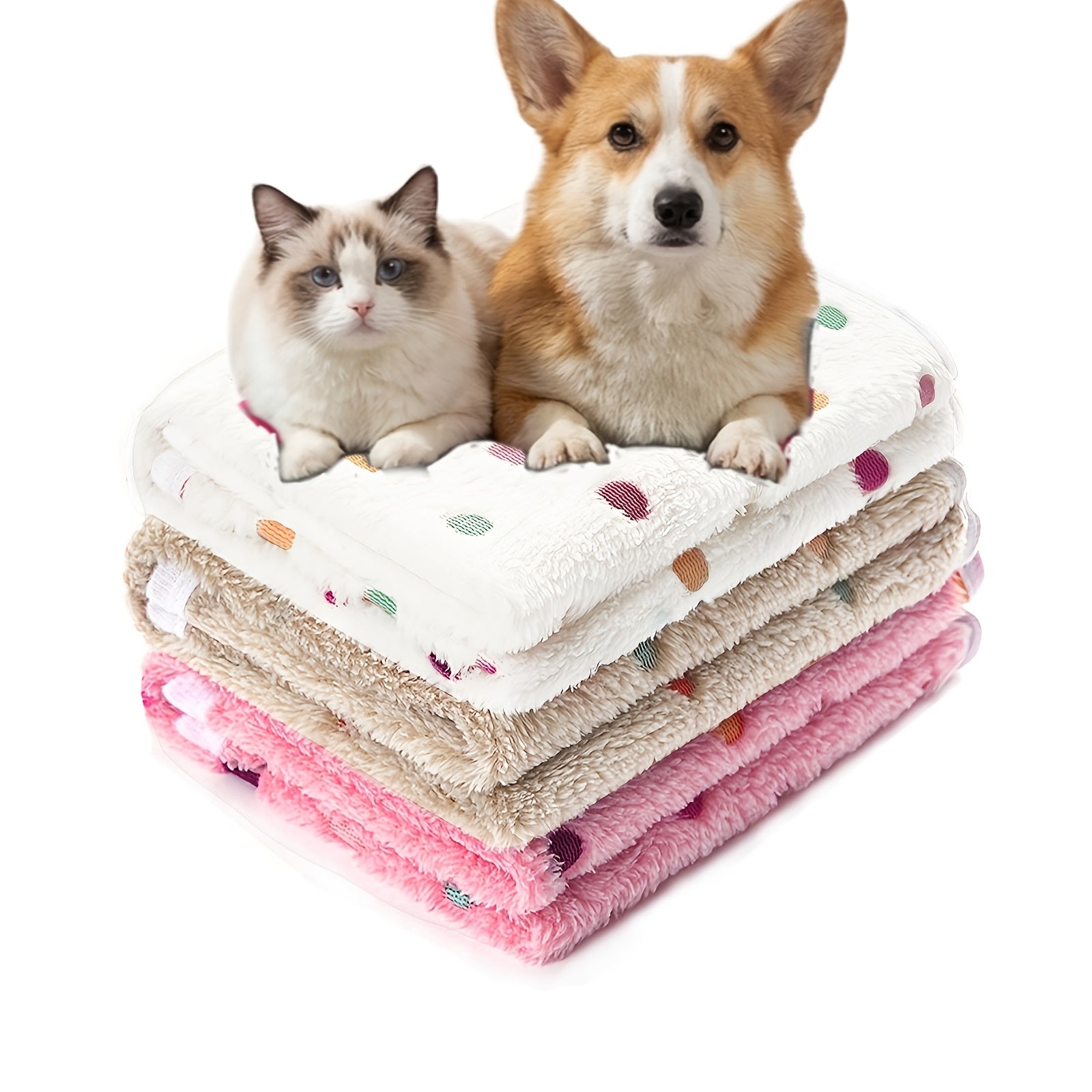 3-Pack Fleece Pet Blankets with Drying Towel - Dot 2 (Beige/Brown/Pink), 41x31 Inch (Pack Of 3)