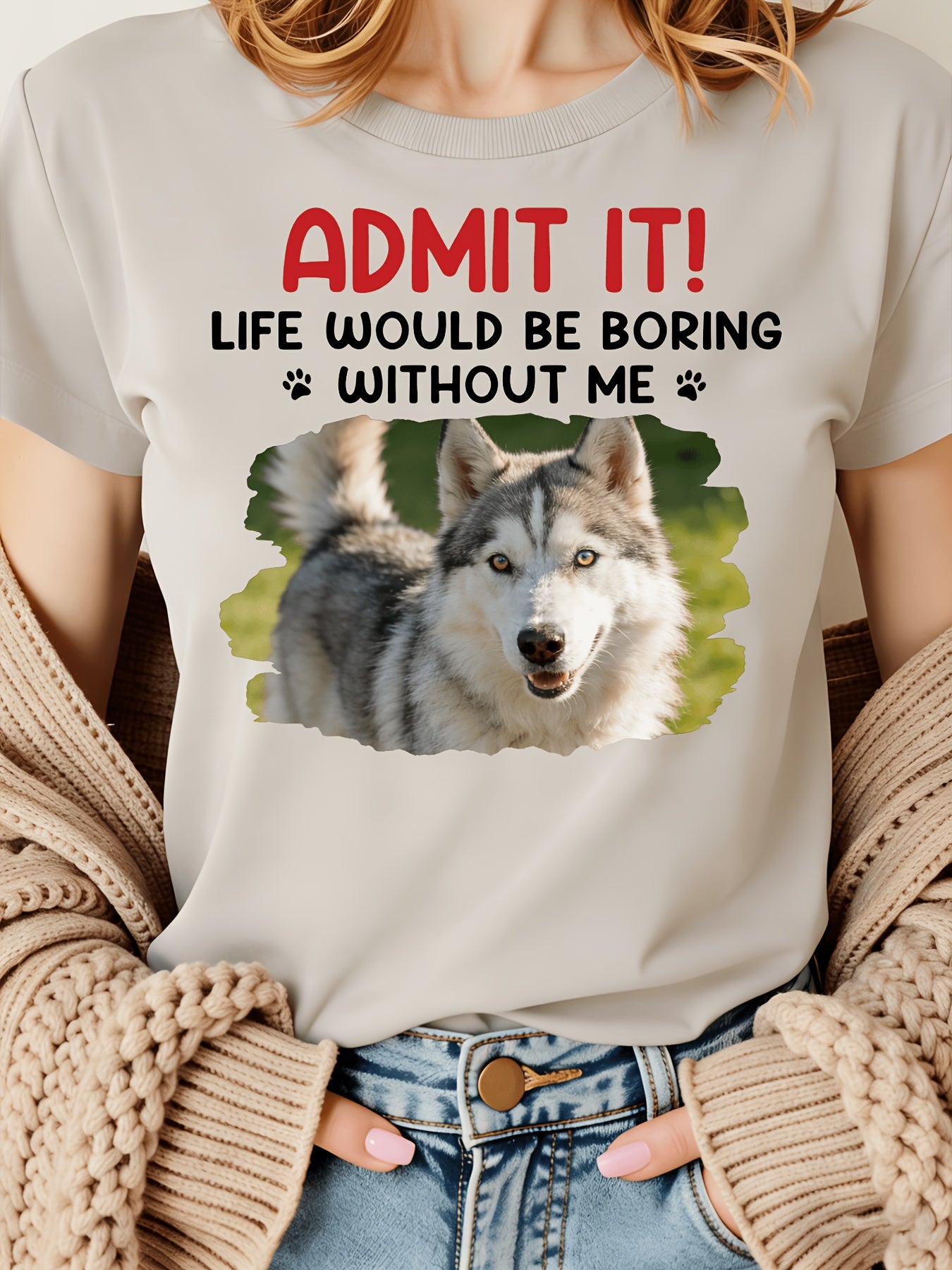 Personalized Round-Neck Pet Photo T-Shirt - Navy Color, S