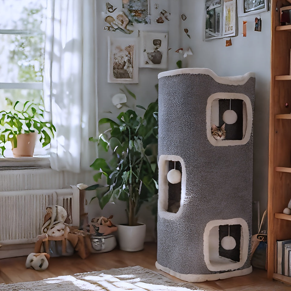 Foldable Multi-Level Cat Tree with Hideaway Bed - 3-layer light gray + bell ball