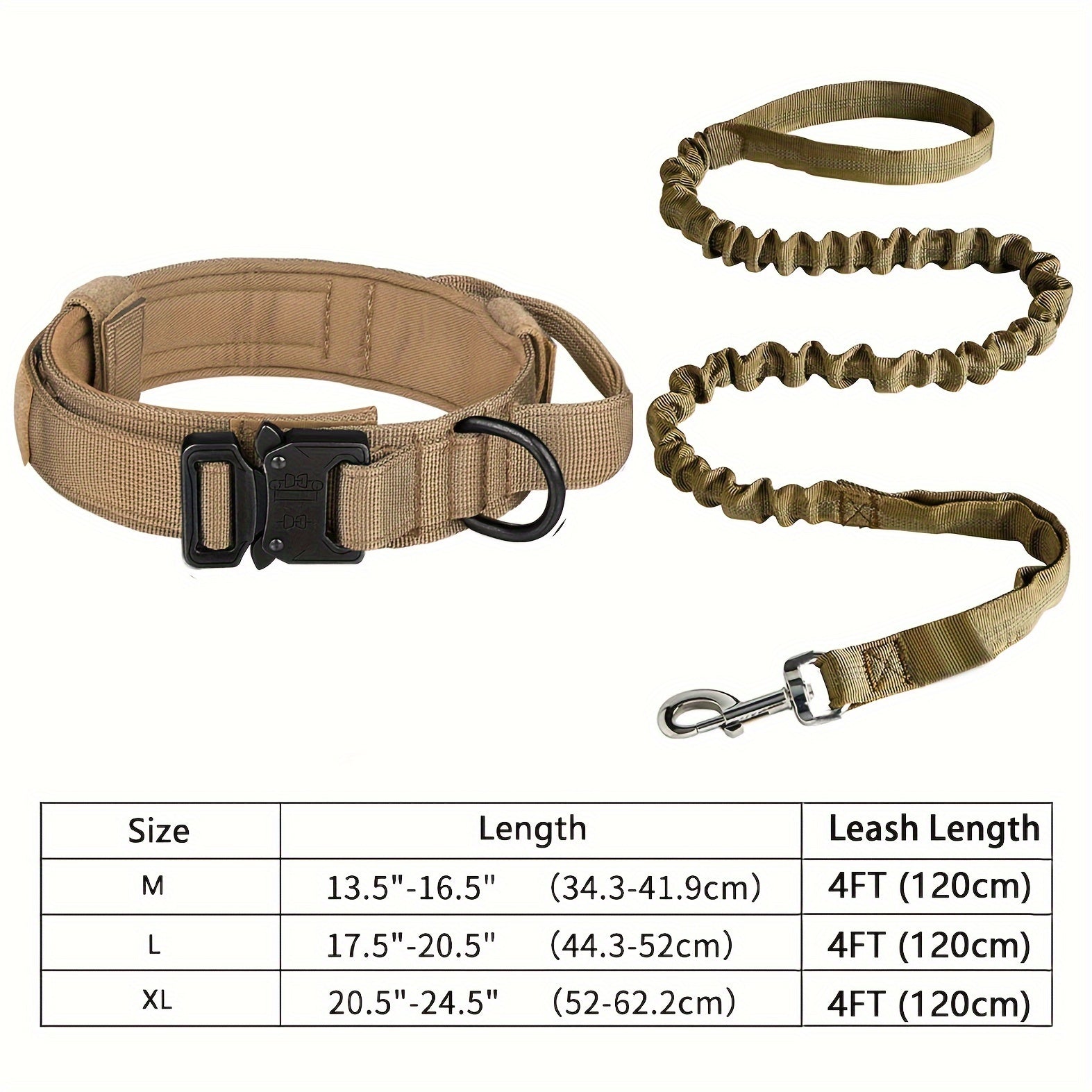 Heavy-Duty Tactical Dog Collar and Leash Set - Khaki, M