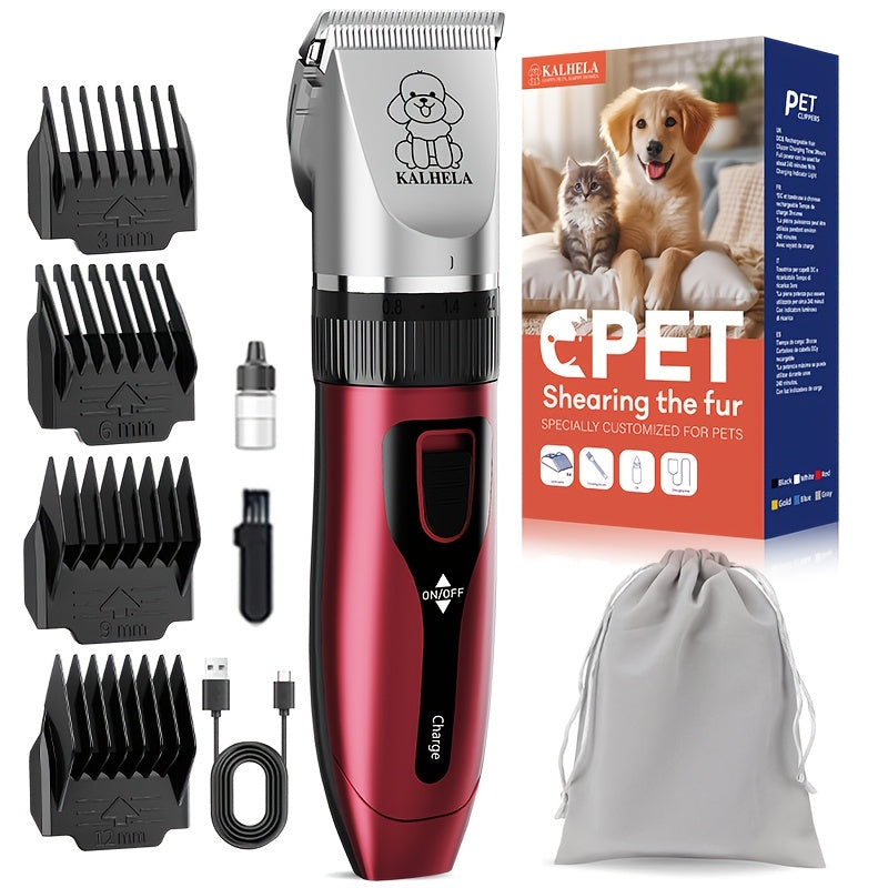 Rechargeable Low-Noise Pet Grooming Clippers - Red + full set of accessories