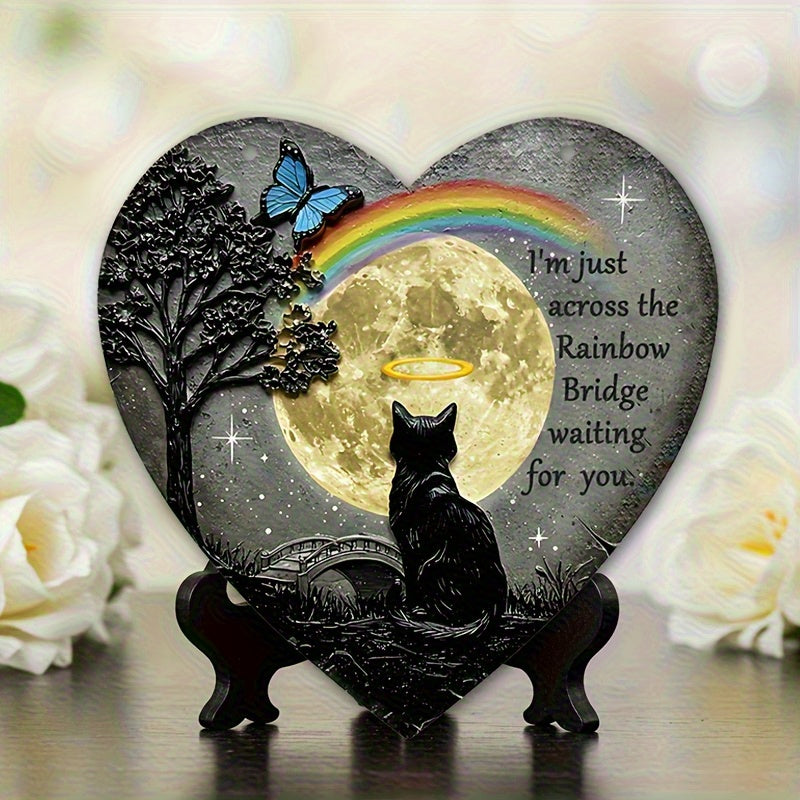 Heart-Shaped Rainbow Bridge Cat Memorial Plaque - A