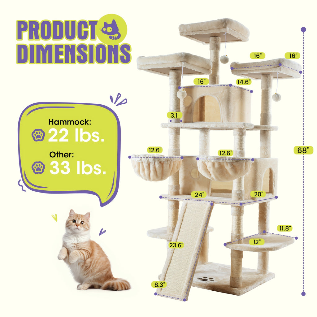 36-81 in Multi-Level Cat Tree Tower - Beige, 24''L X 24"W X 65"H