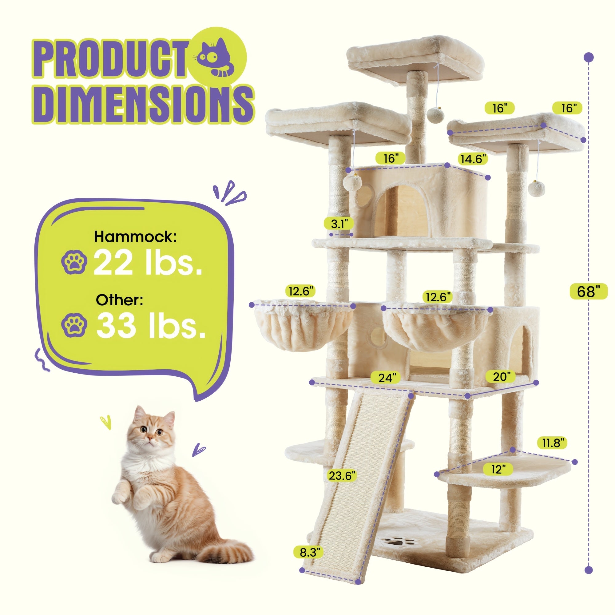 36-81 in Multi-Level Cat Tree Tower - Beige, 24''L X 24"W X 65"H