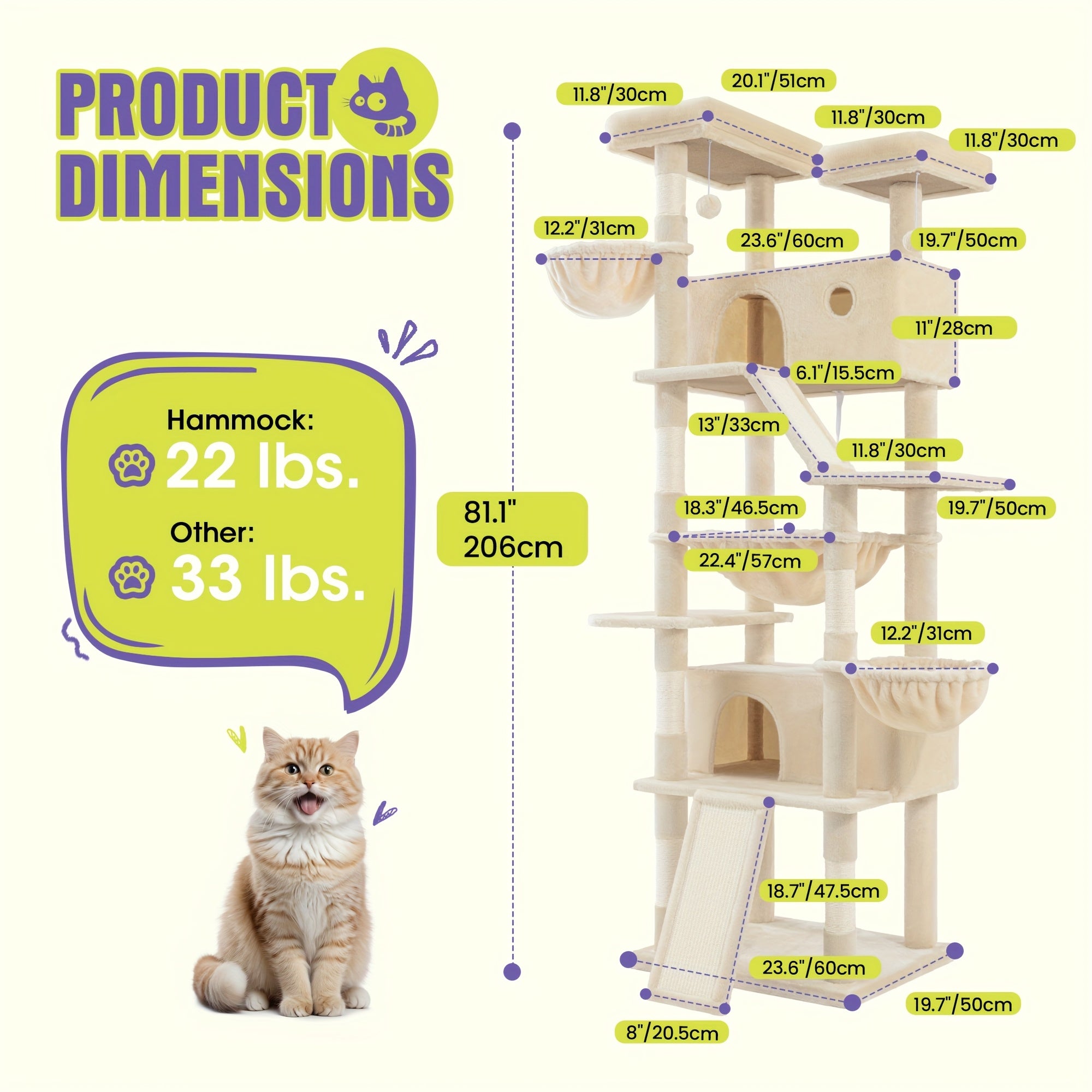36-81 in Multi-Level Cat Tree Tower - 【Leopard Print】, 24''L X 20''W X 81''H