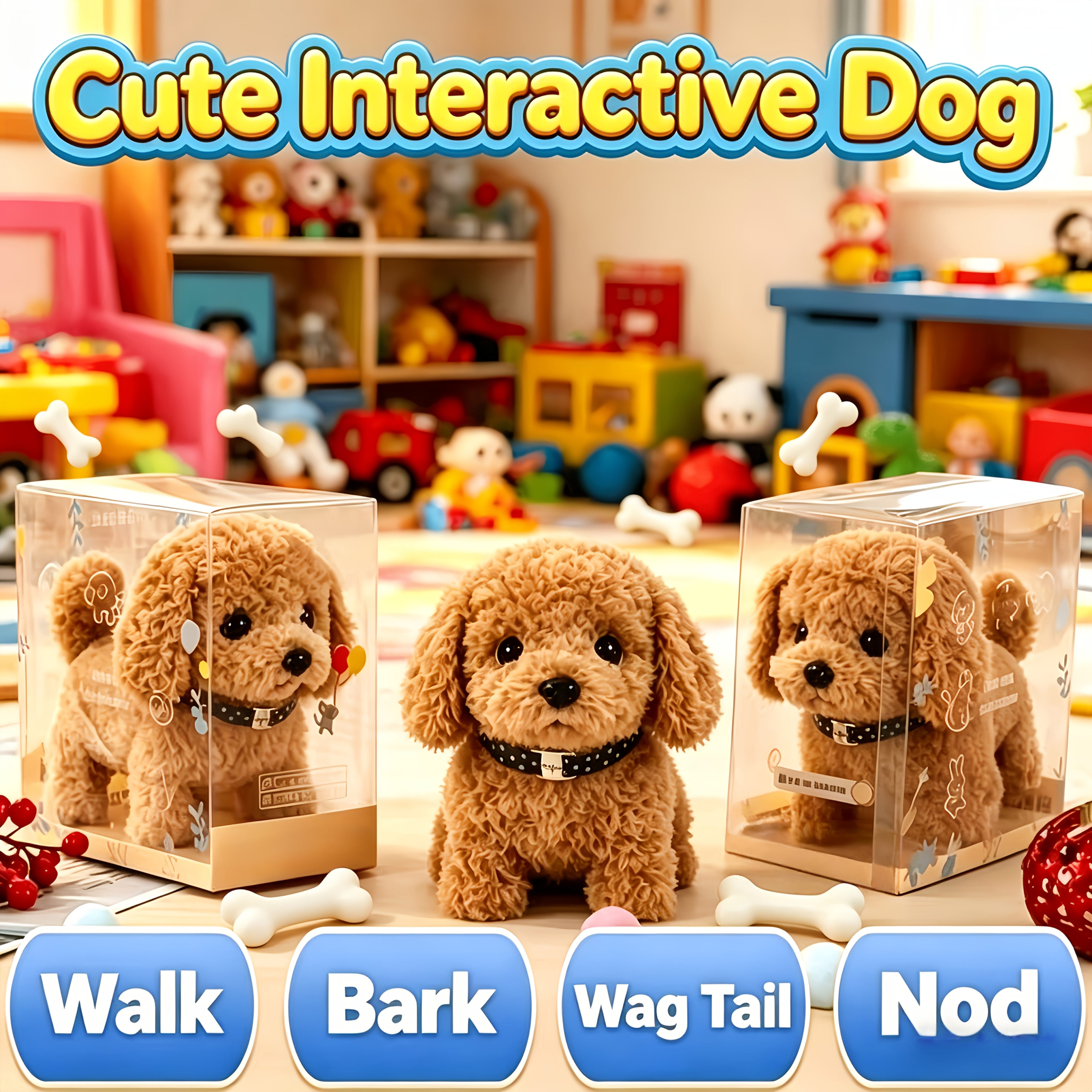 Interactive Plush Robot Dog Toy - Brown Gift Box (Includes Dog Bone)