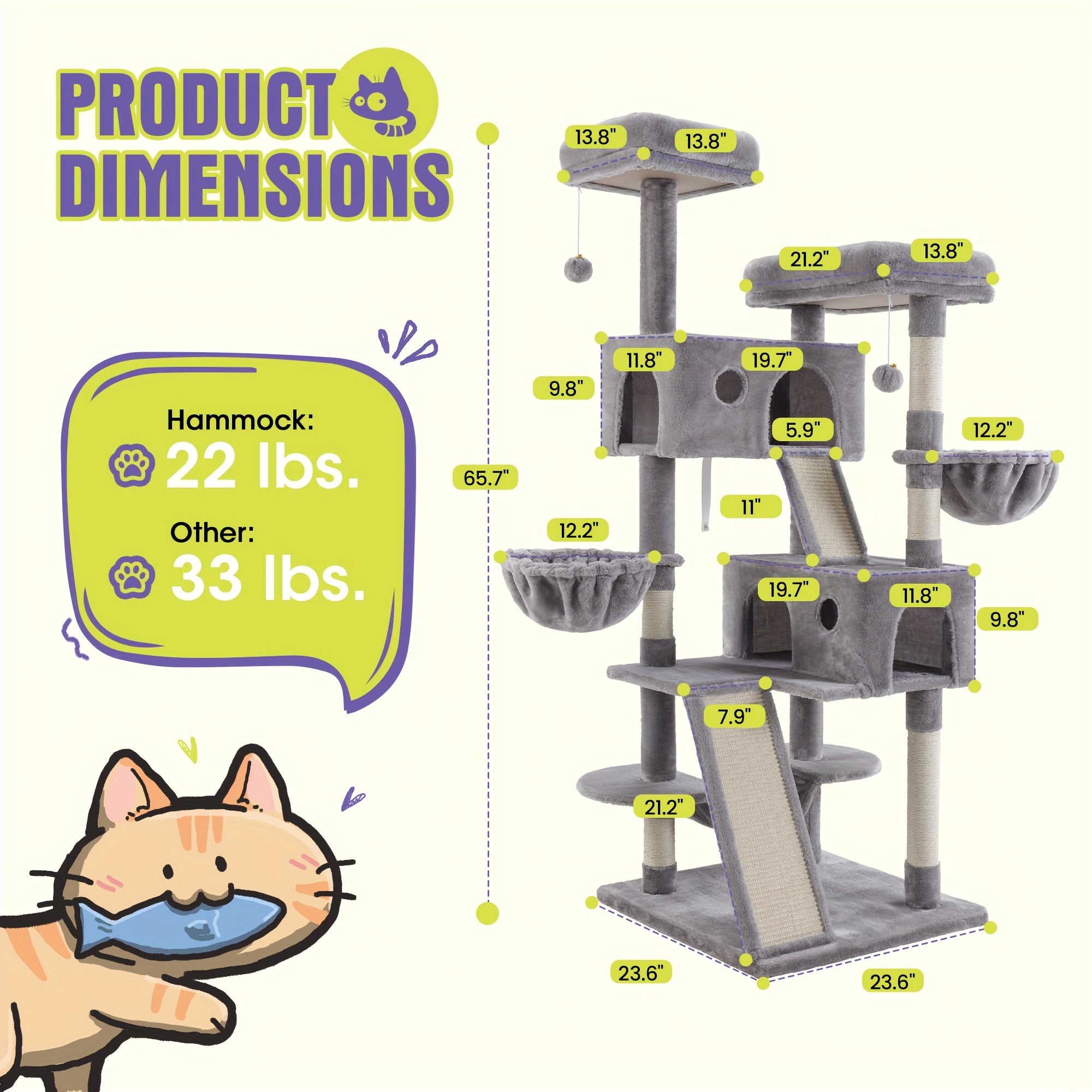 36-81 in Multi-Level Cat Tree Tower - Grey, 24''L X 20''W X 68''H-R