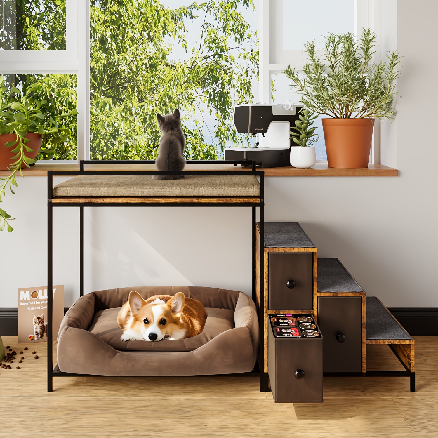 Pet Bunk Bed with Stairs and Storage