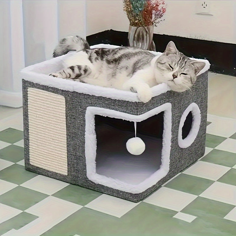 Foldable Multi-Level Cat House with Tunnel - Gray Classic