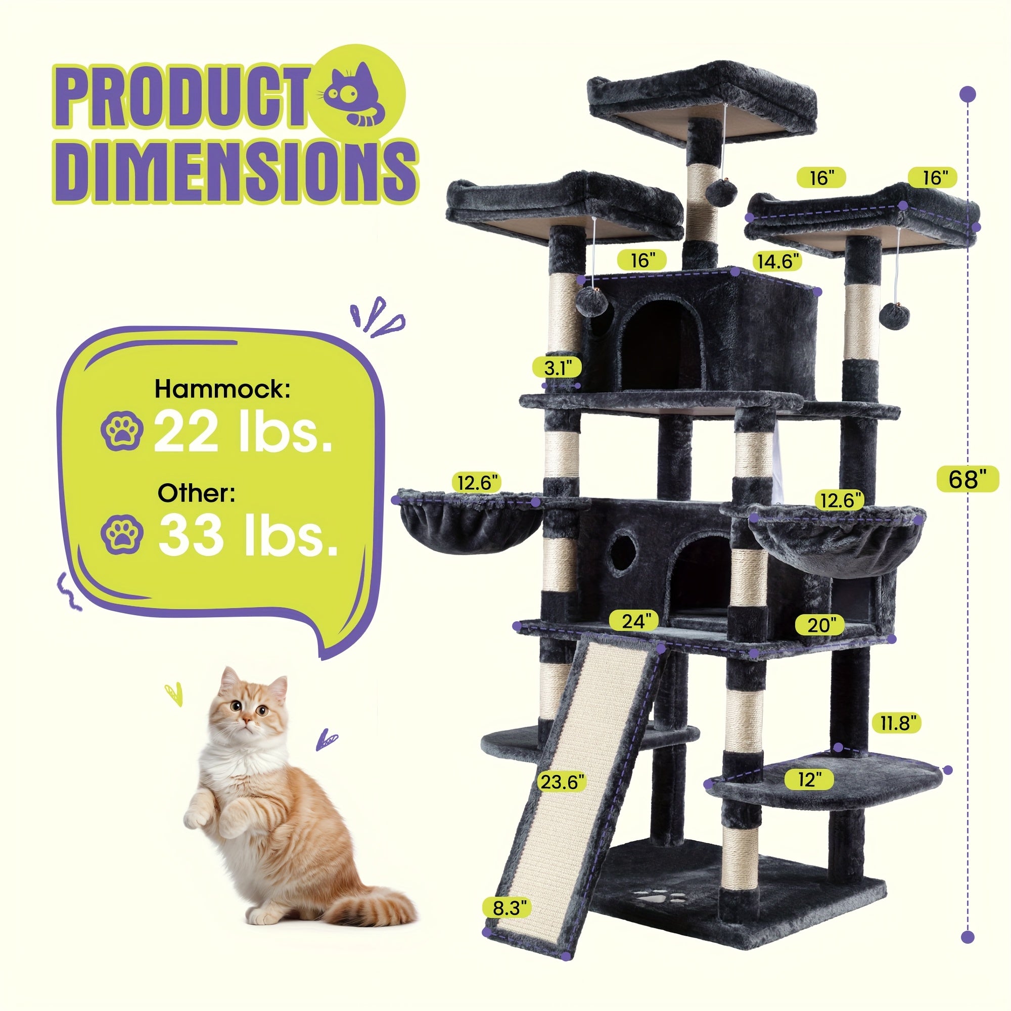 36-81 in Multi-Level Cat Tree Tower - pink, 24''L X 20''W X 68''H-R