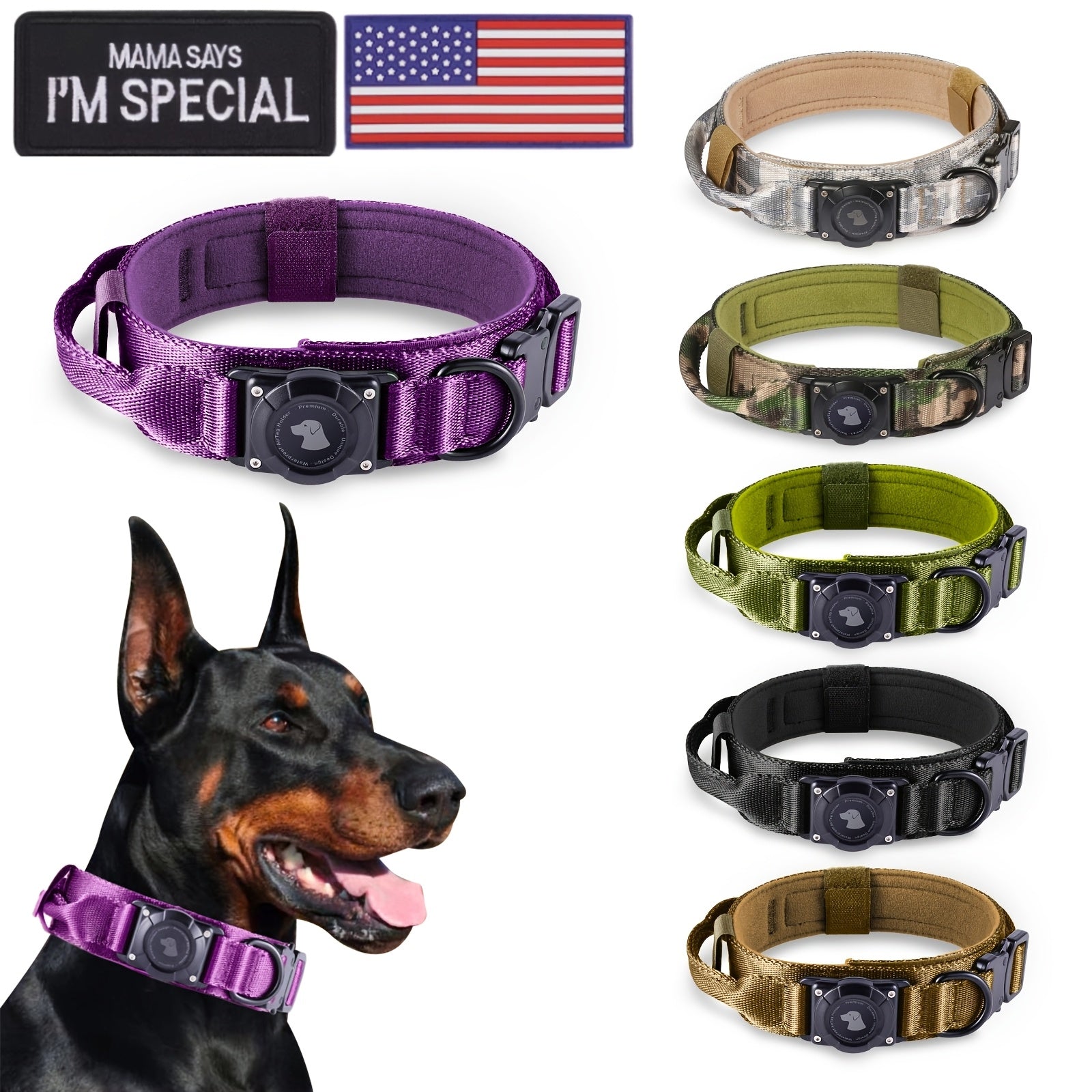 Tactical Dog Collar with AirTag Holder - Khaki, XL