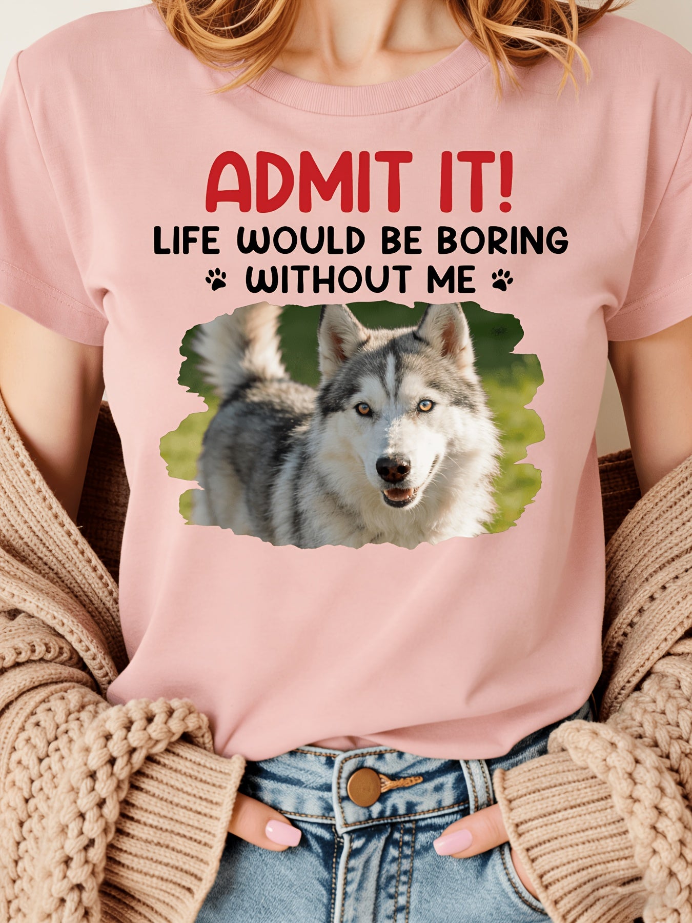 Personalized Round-Neck Pet Photo T-Shirt - Olive Green, S