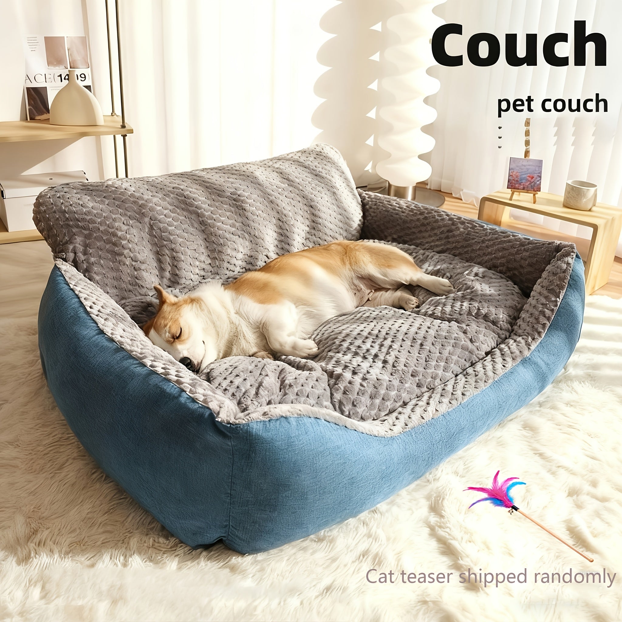 Washable Plush Pet Sofa Bed with High Back - Grey Blue, S