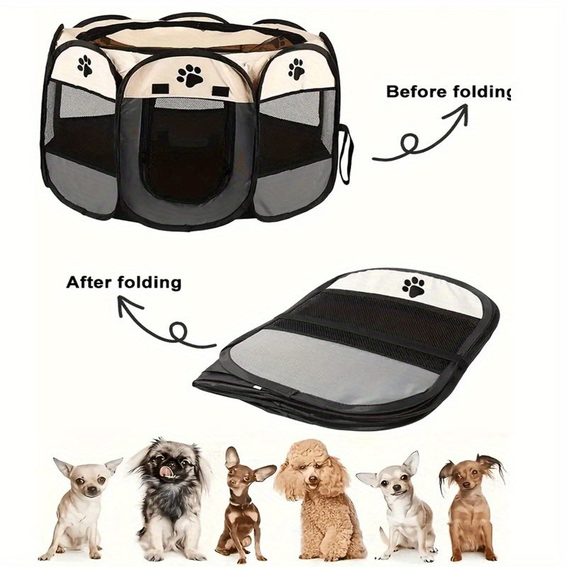 Foldable Octagonal Oxford Pet Playpen - Beige+Brown, S(30" x 30" x 18")