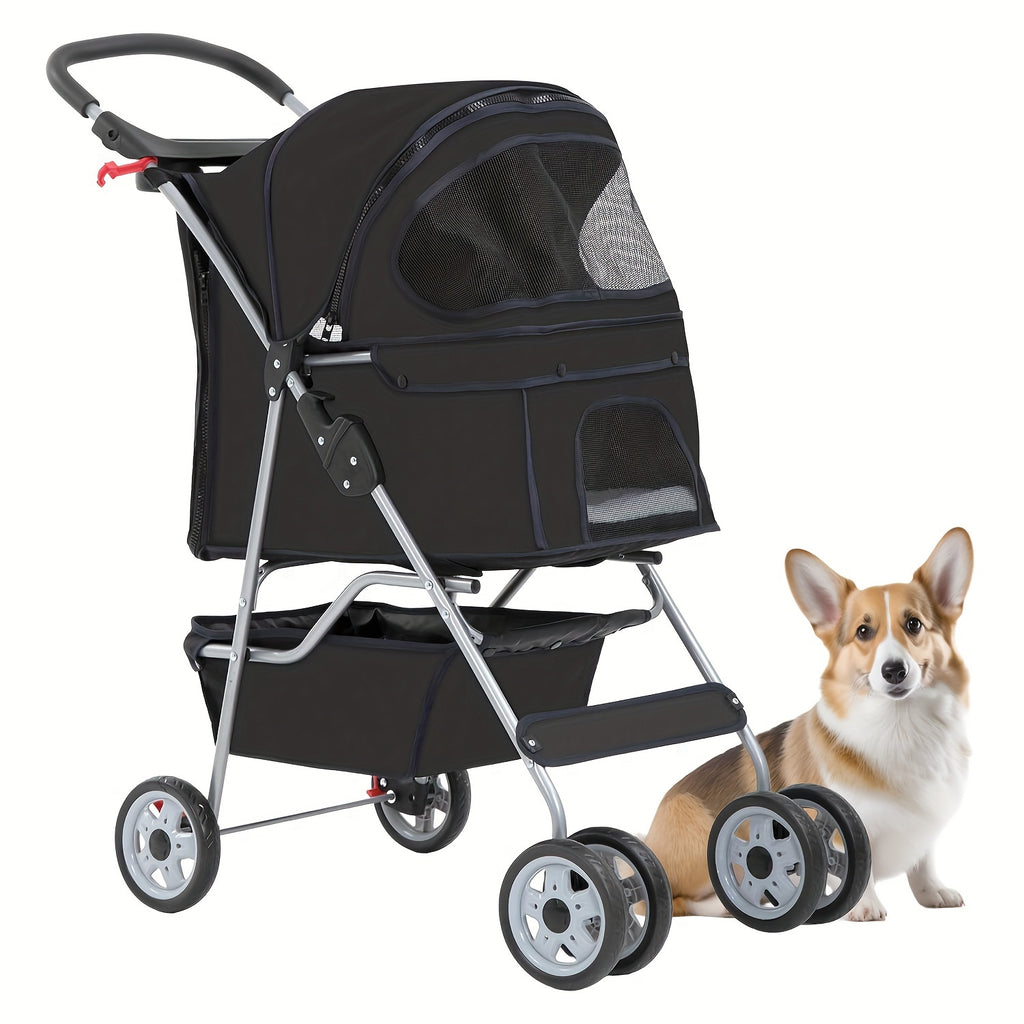 Foldable 4-Wheel Pet Stroller with Storage - Blue