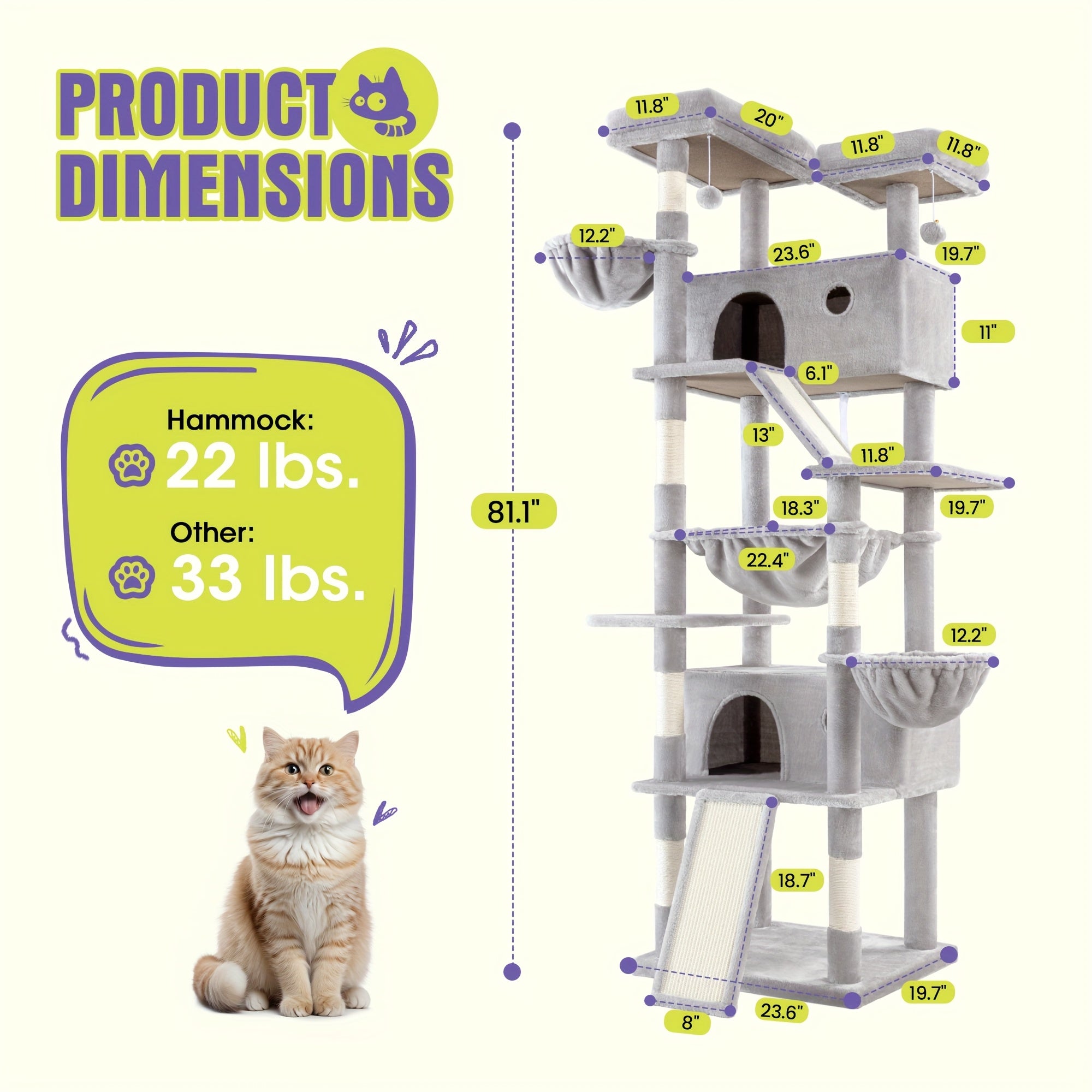 36-81 in Multi-Level Cat Tree Tower - pink, 24''L X 20''W X 81''H