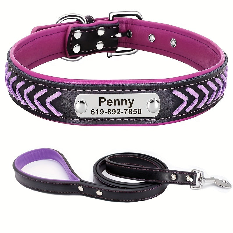 Personalized Reflective Dog Collar and Leash Set - Violet, L