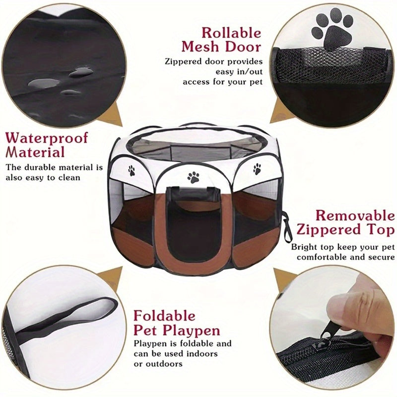 Foldable Octagonal Oxford Pet Playpen - Beige+Brown, L(46" x 46" x 24")