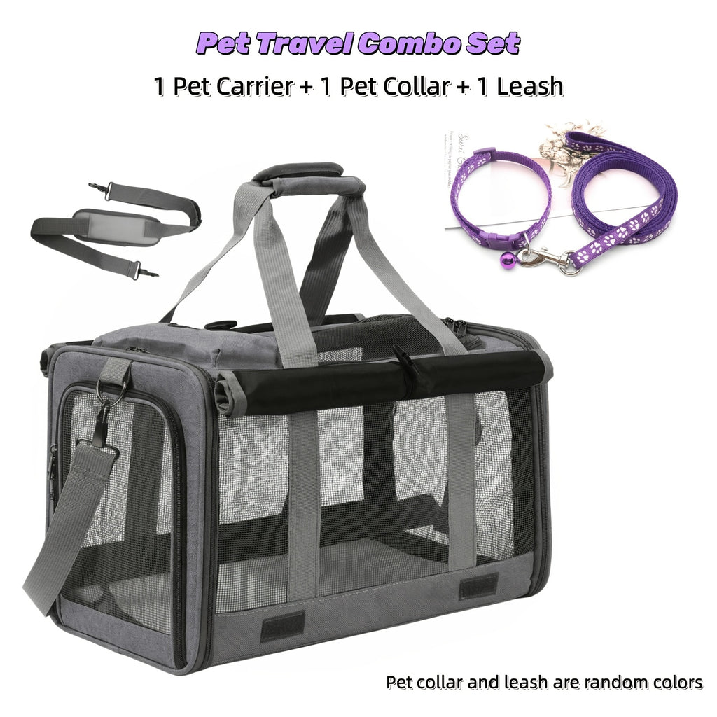 Foldable Soft-Sided Pet Travel Carrier - 1 Beige Bag +1 Harness +1 Tether